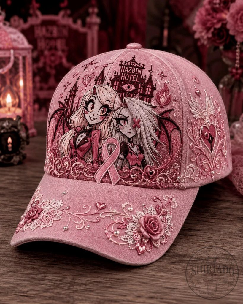 Hazbin Hotel Charlie Vaggie Breast Cancer Awareness Pink Embroidered Cap Hat