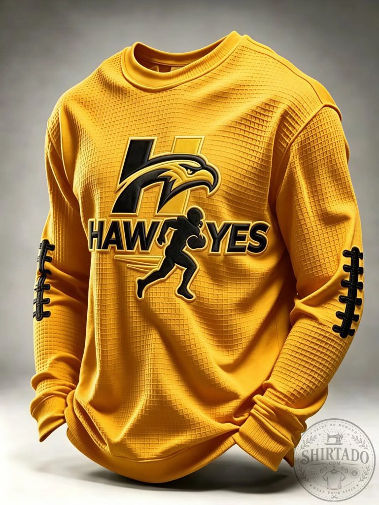 Hawkeyes Football Team Logo Yellow Long Sleeve Sweatshirt for Men