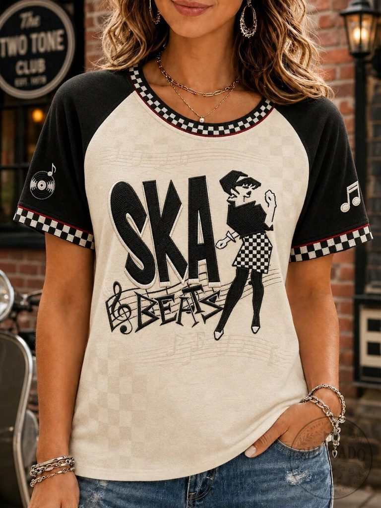 Ska Beats Music Genre Two Tone Checkerboard Raglan Sleeve T-Shirt 4 Ska Beats Music Genre Two Tone Checkerboard Raglan Sleeve T-Shirt