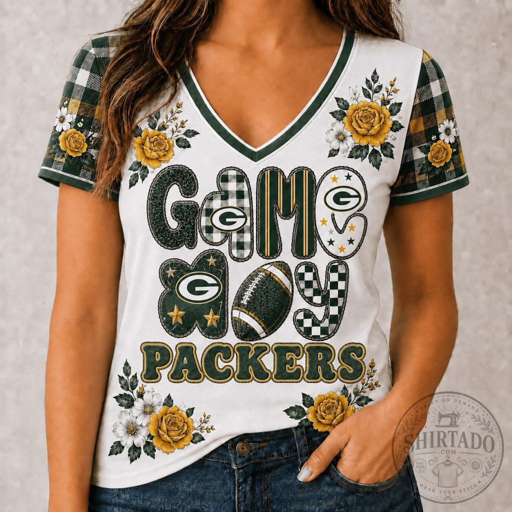 Green Bay Packers NFL Football Flowers Team Pride V-Neck T-Shirt 20 Green Bay Packers NFL Football Flowers Team Pride V-Neck T-Shirt