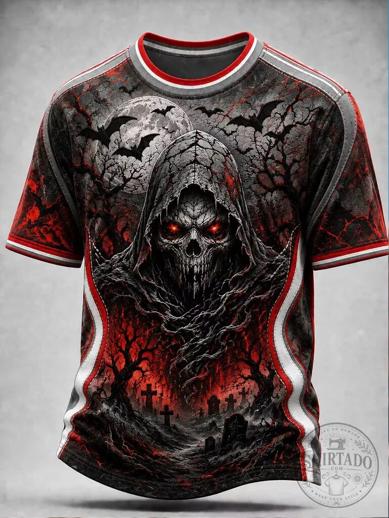 Funny Halloween Grim Reaper Skull Men's T-Shirt with Bats and Graveyard