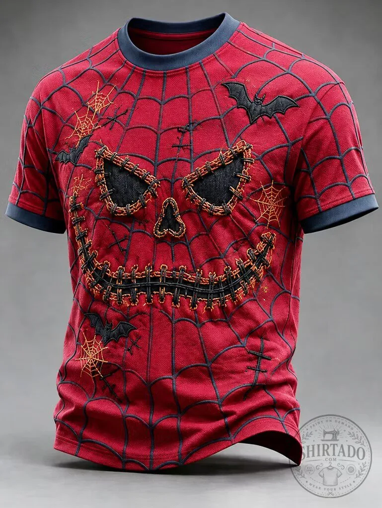 Funny Halloween Spider-Man Jack O'Lantern Embroidered T-Shirt