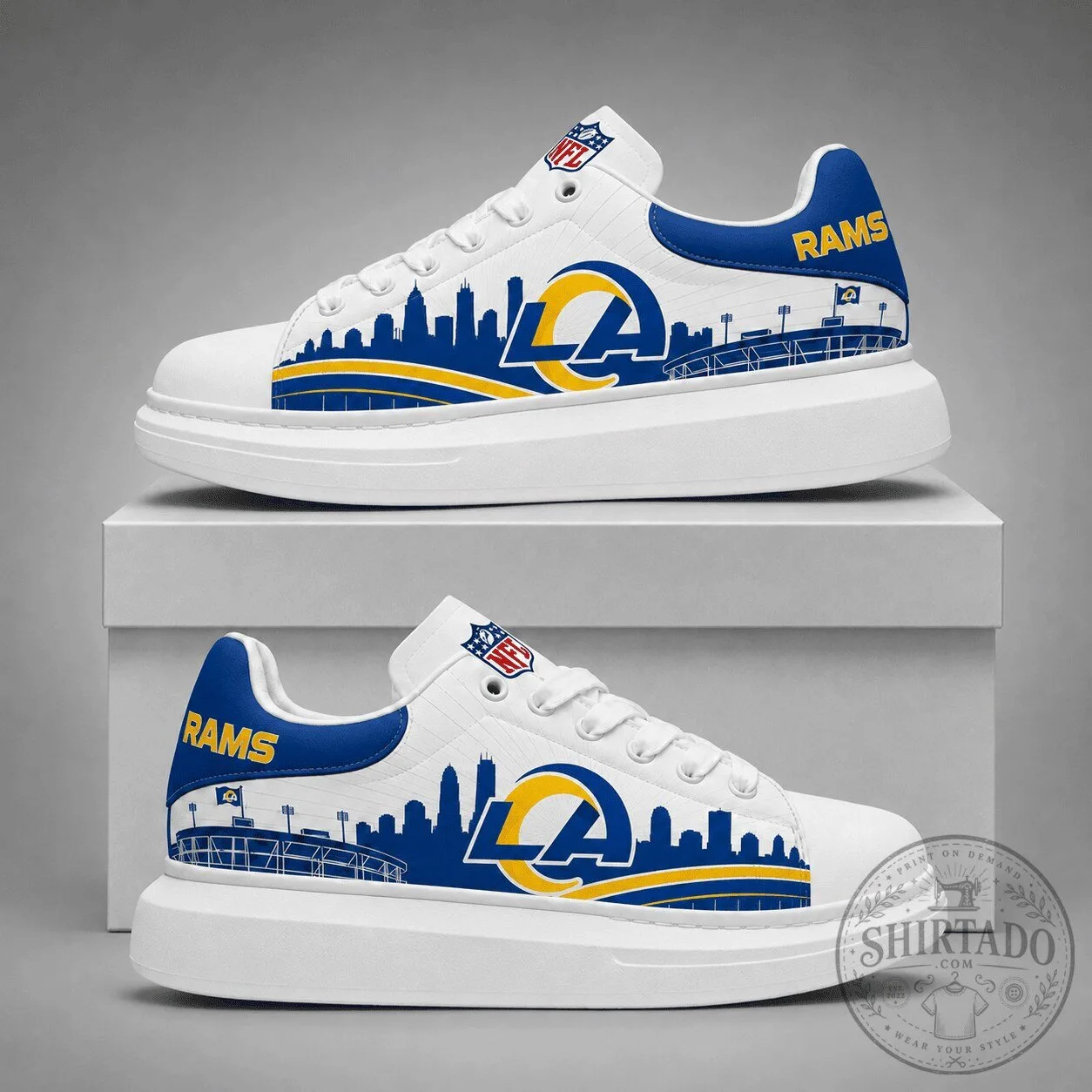 Los Angeles Rams NFL Team Logo Skyline Pattern White Sneakers