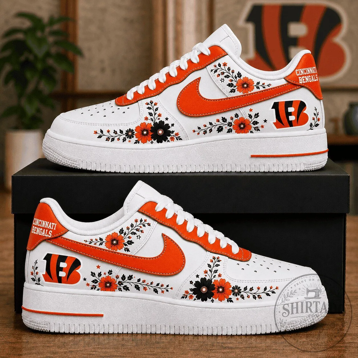 Cincinnati Bengals Floral Pattern White and Orange Custom Designed Shoes
