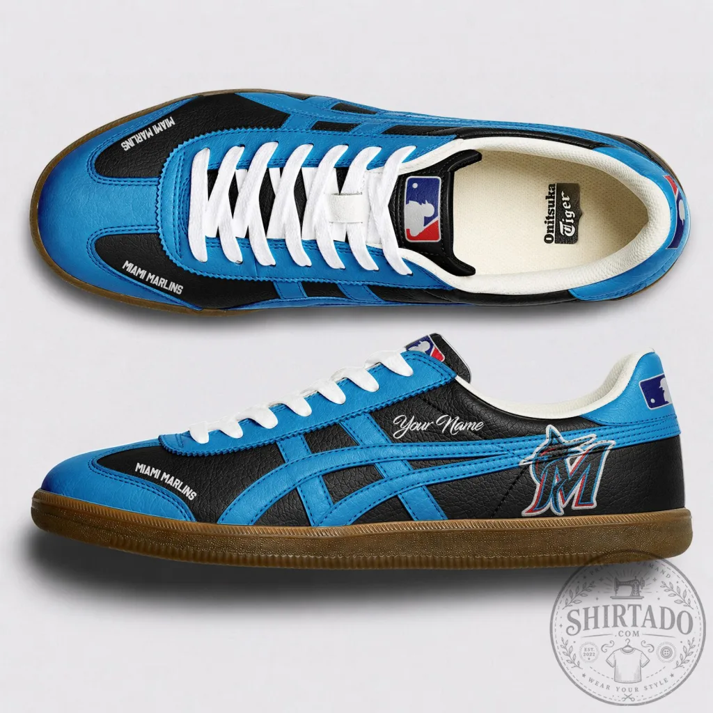 Miami Marlins Baseball Team Personalized Blue and Black Sneakers Shoes Miami Marlins Baseball Team Personalized Blue and Black Sneakers Shoes