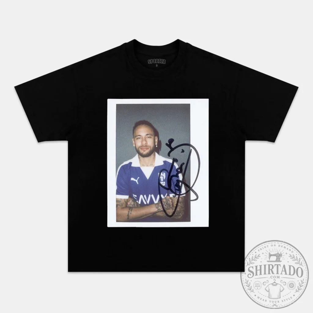 Neymar Junior Autographed Photo Print Black Short Sleeve T-Shirt Neymar Junior Autographed Photo Print Black Short Sleeve T-Shirt