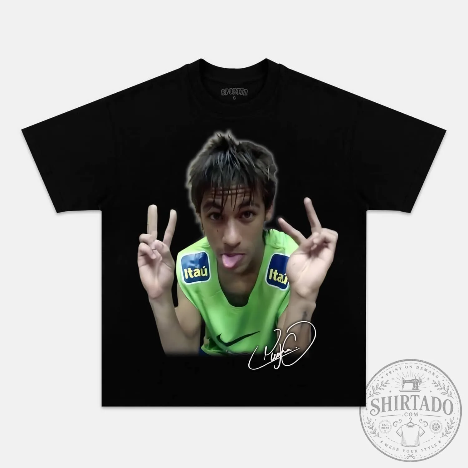 Neymar Junior Brazil Football Player Peace Sign Pose Black T-Shirt