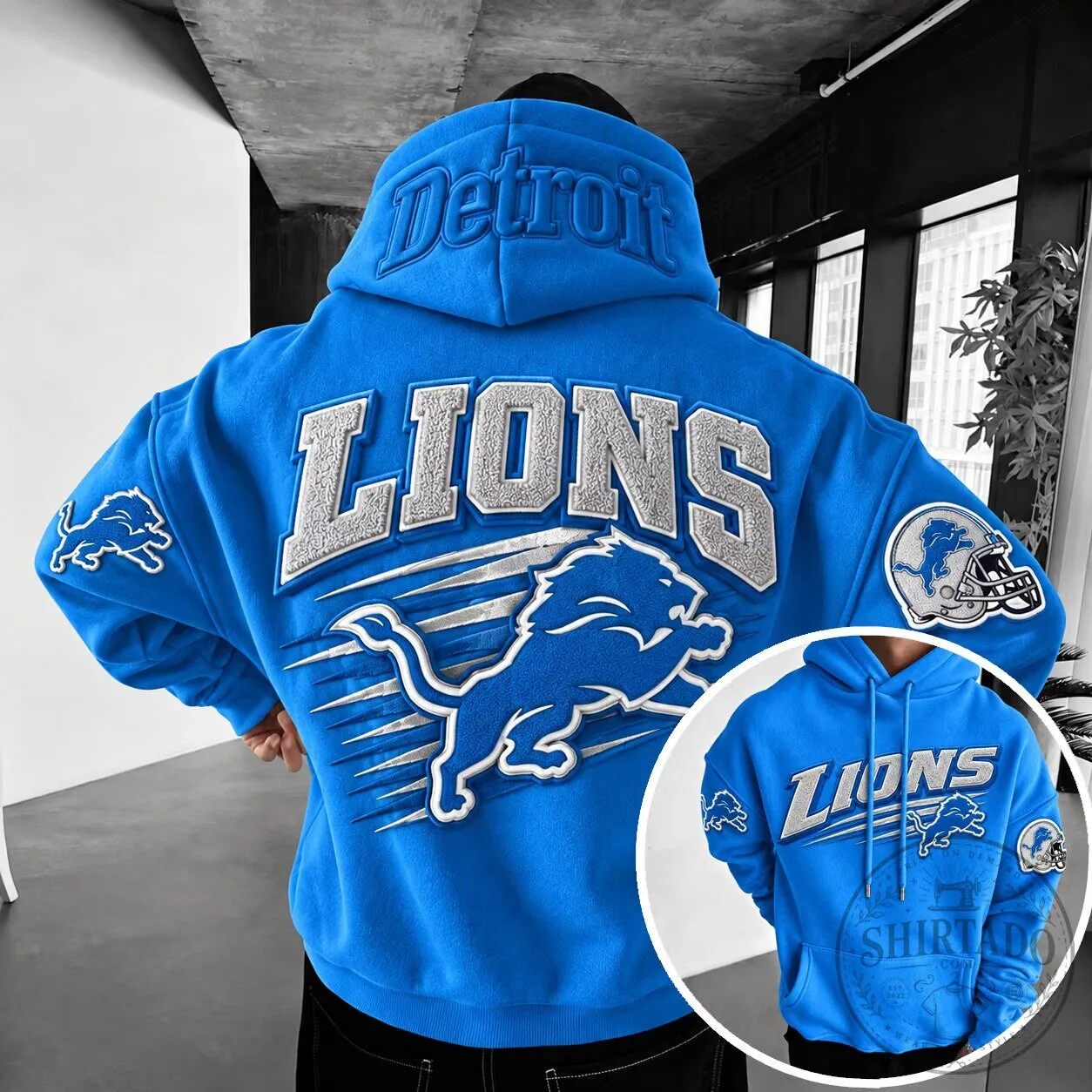 Detroit Lions Football Team Logo Blue Hoodie with Embroidered Details