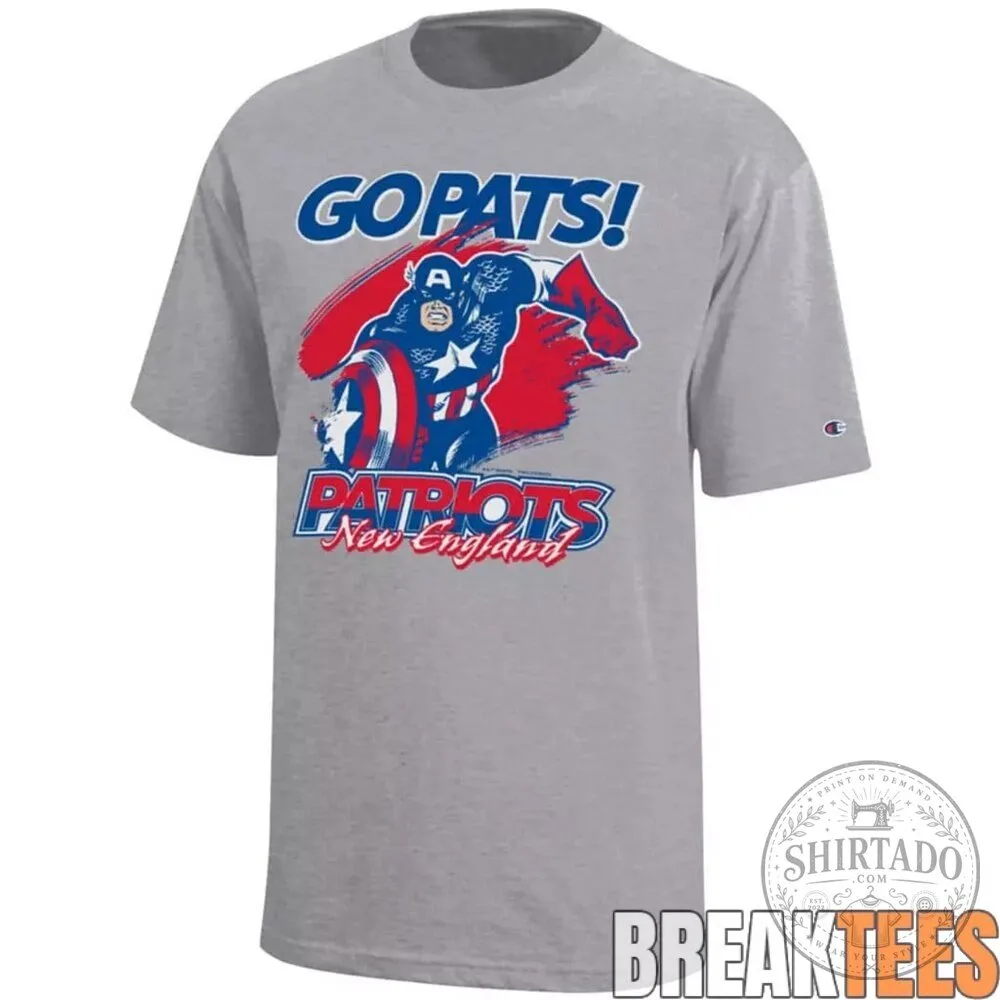 New England Patriots Captain America Go Pats! Gray Graphic T-Shirt