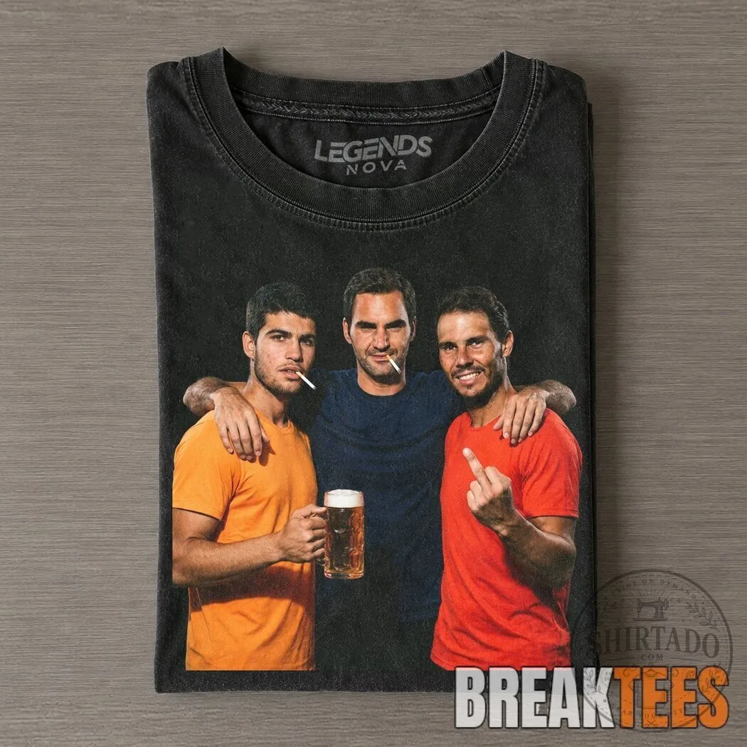 Vintage T-Shirt Showcasing Tennis Icons Carlos Alcaraz, Roger Federer, and Rafael Nadal