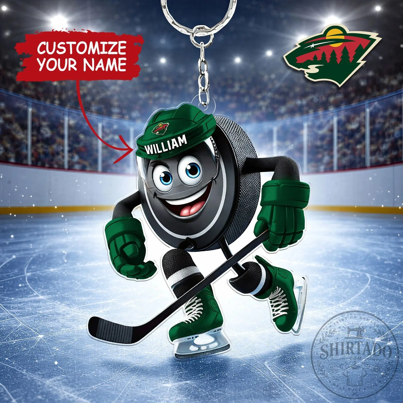 Minnesota Wild NHL Hockey Puck Character Personalized Keychain