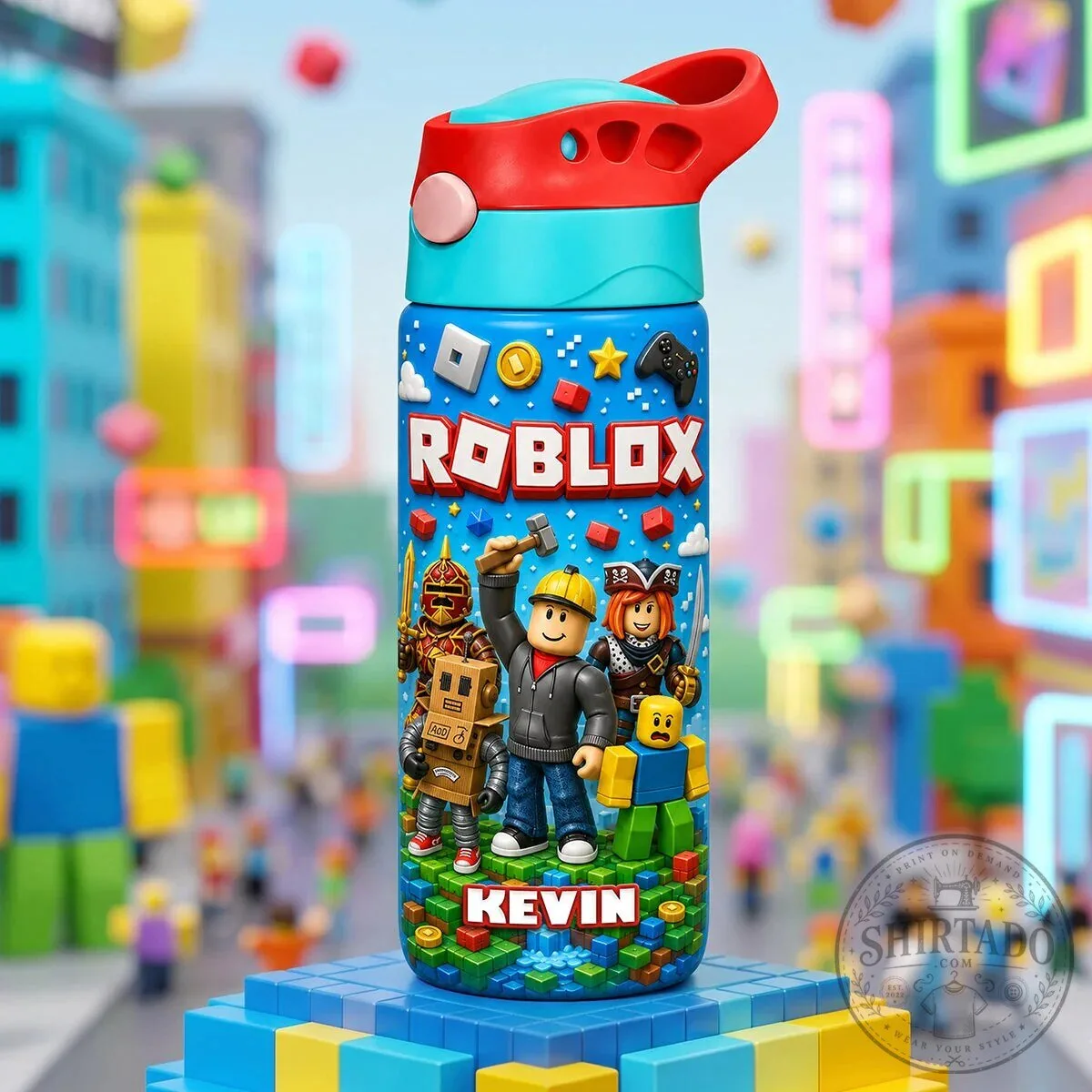 Roblox Video Game Kids Personalized Water Bottle with Straw