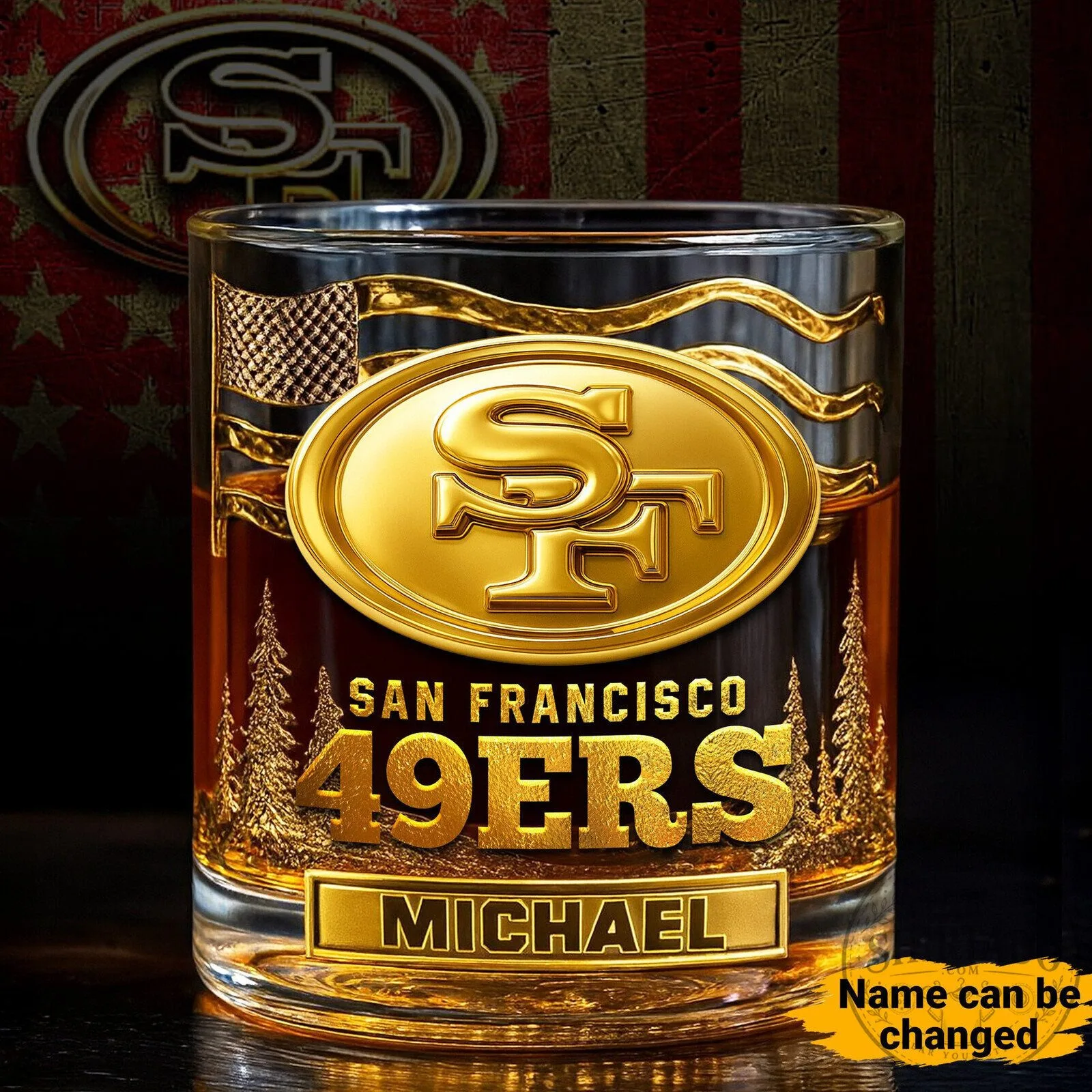 San Francisco 49ers Personalized Gold Emblem Whiskey Glass