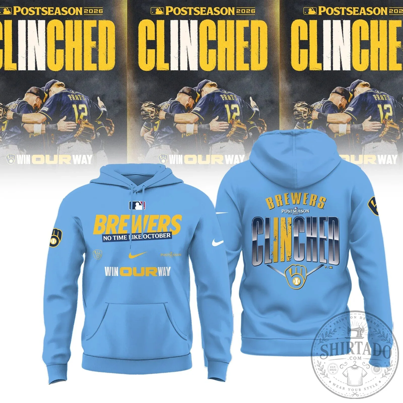 Milwaukee Brewers Postseason 2026 Clinched Baseball Team Light Blue Hoodie