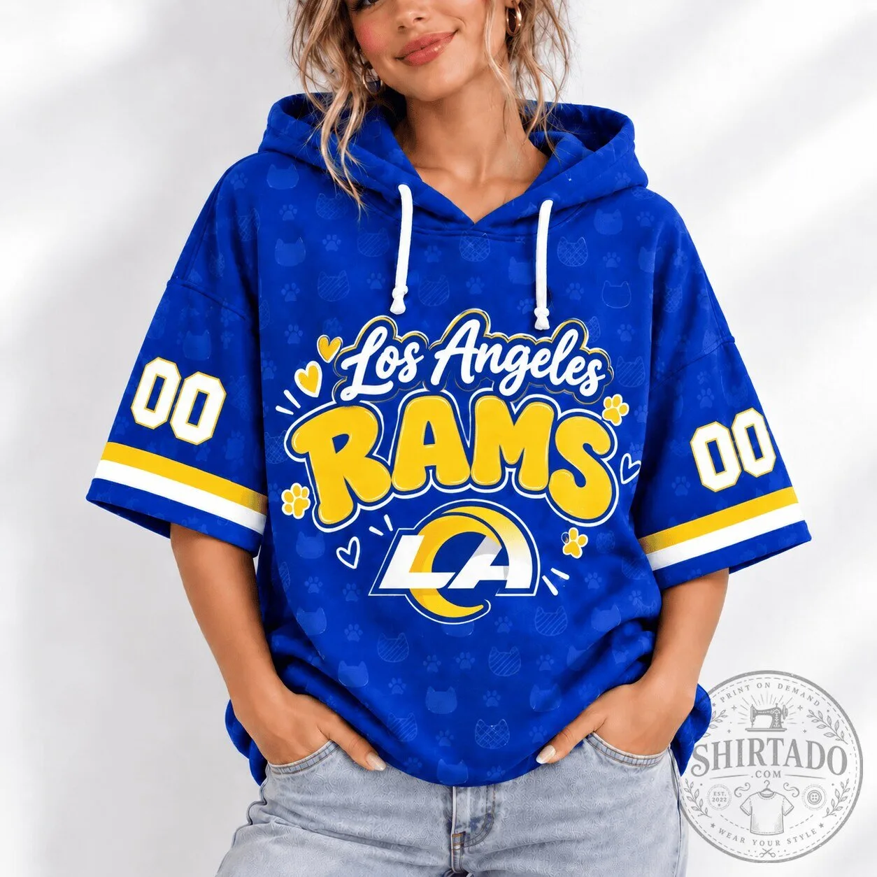Los Angeles Rams Football Team Blue Short Sleeve Hoodie for Women