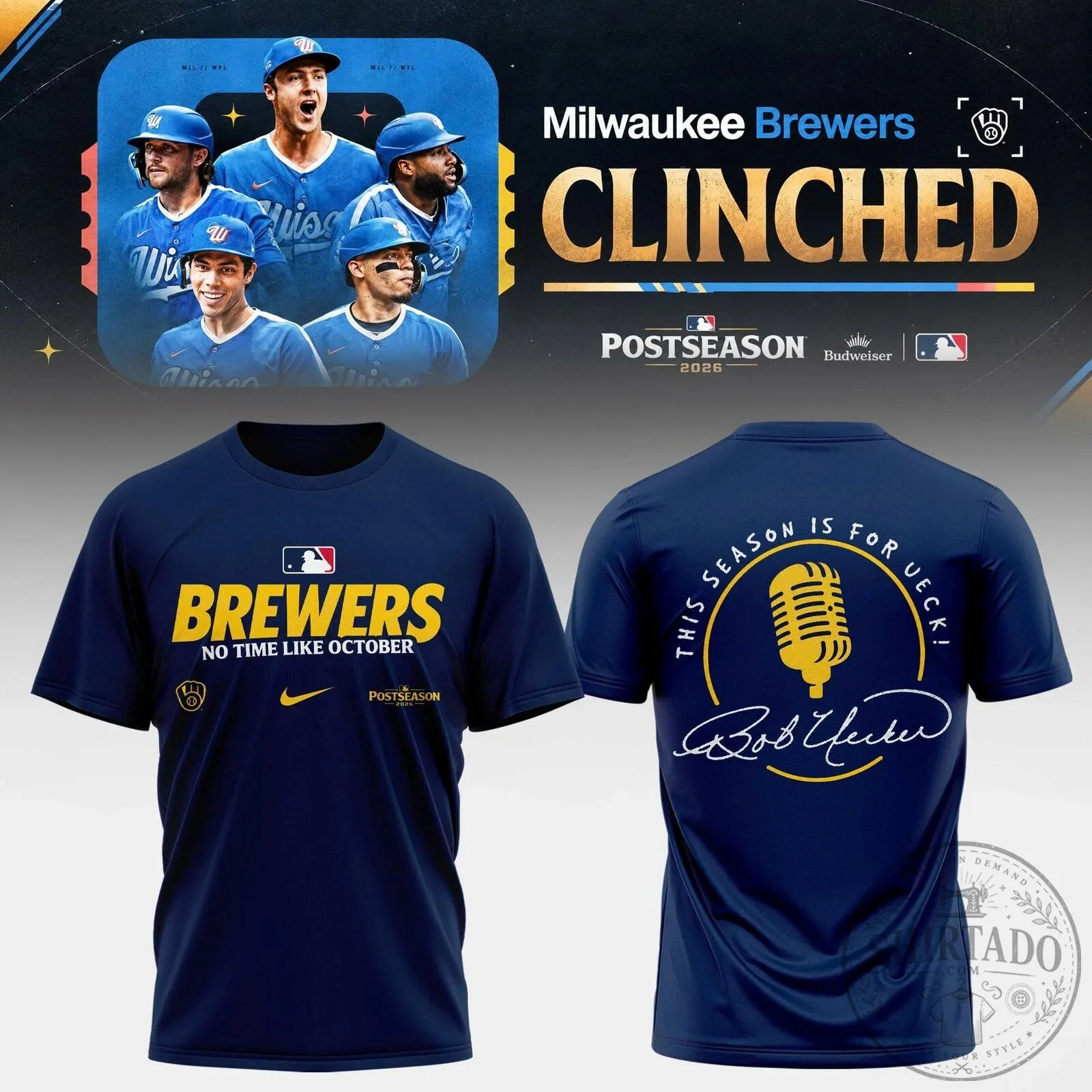 Milwaukee Brewers 2026 Postseason Clinched Bob Uecker Baseball T-Shirt