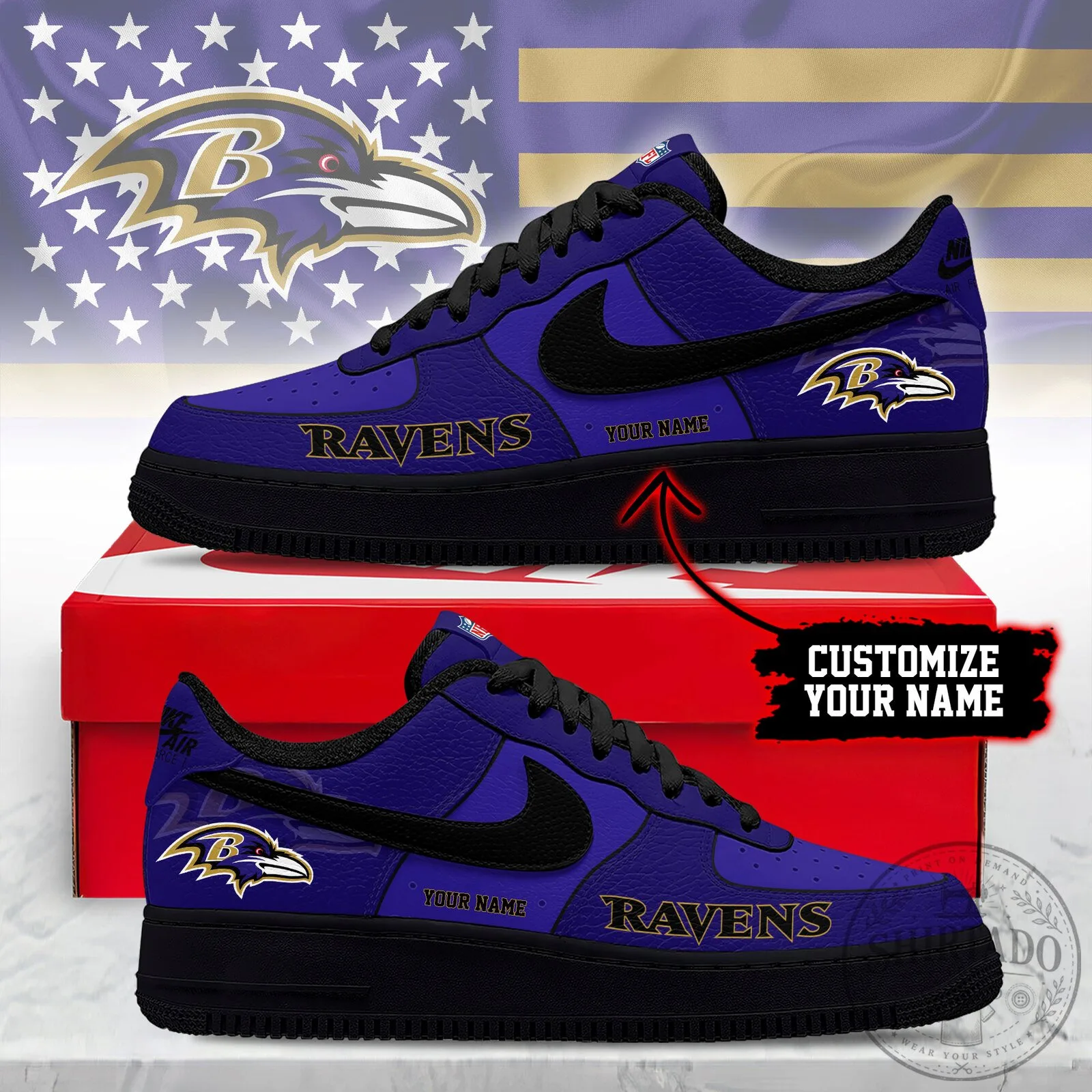 Baltimore Ravens Custom Name NFL Team Logo Purple and Black Sneakers