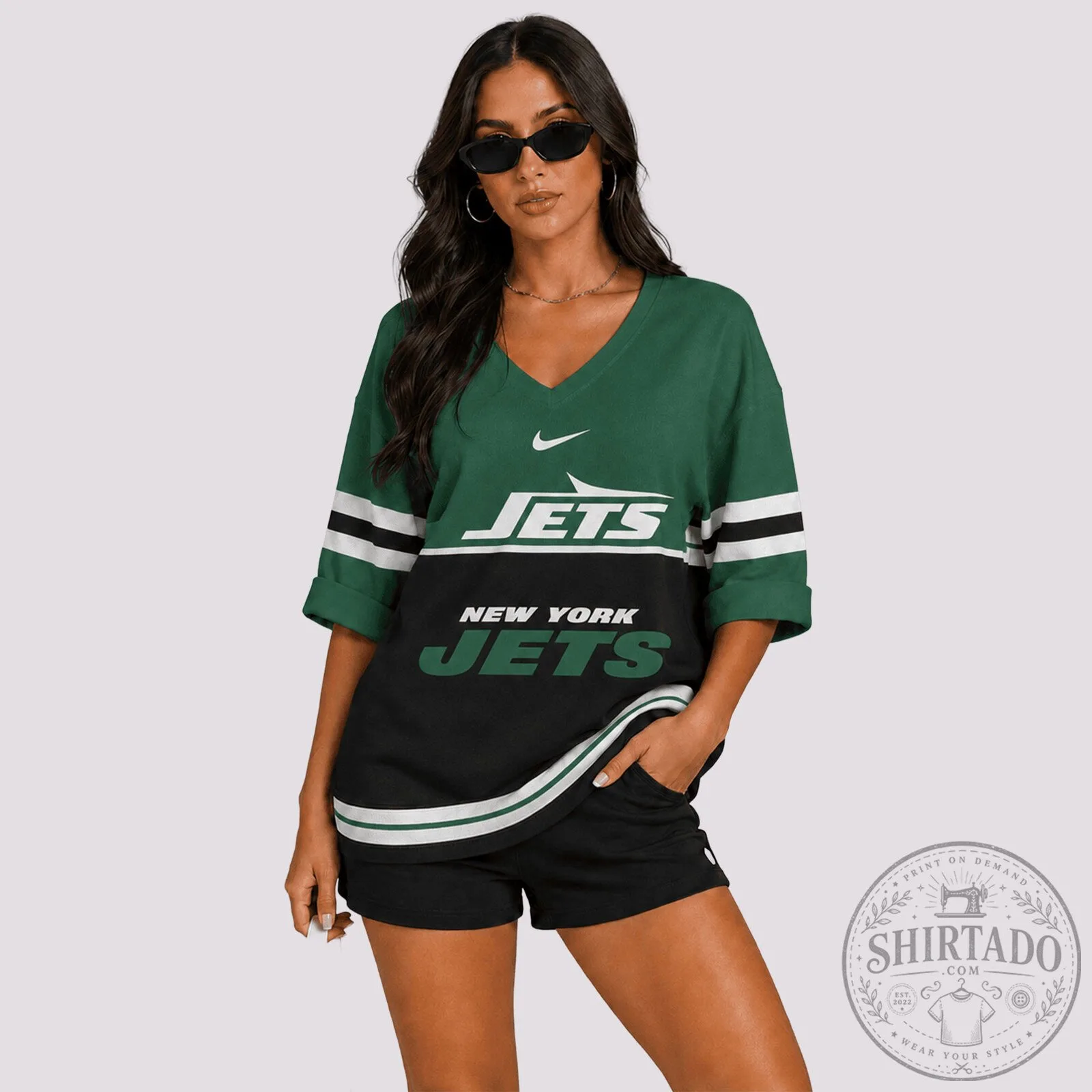 New York Jets NFL Football Team Green and Black V-Neck Jersey