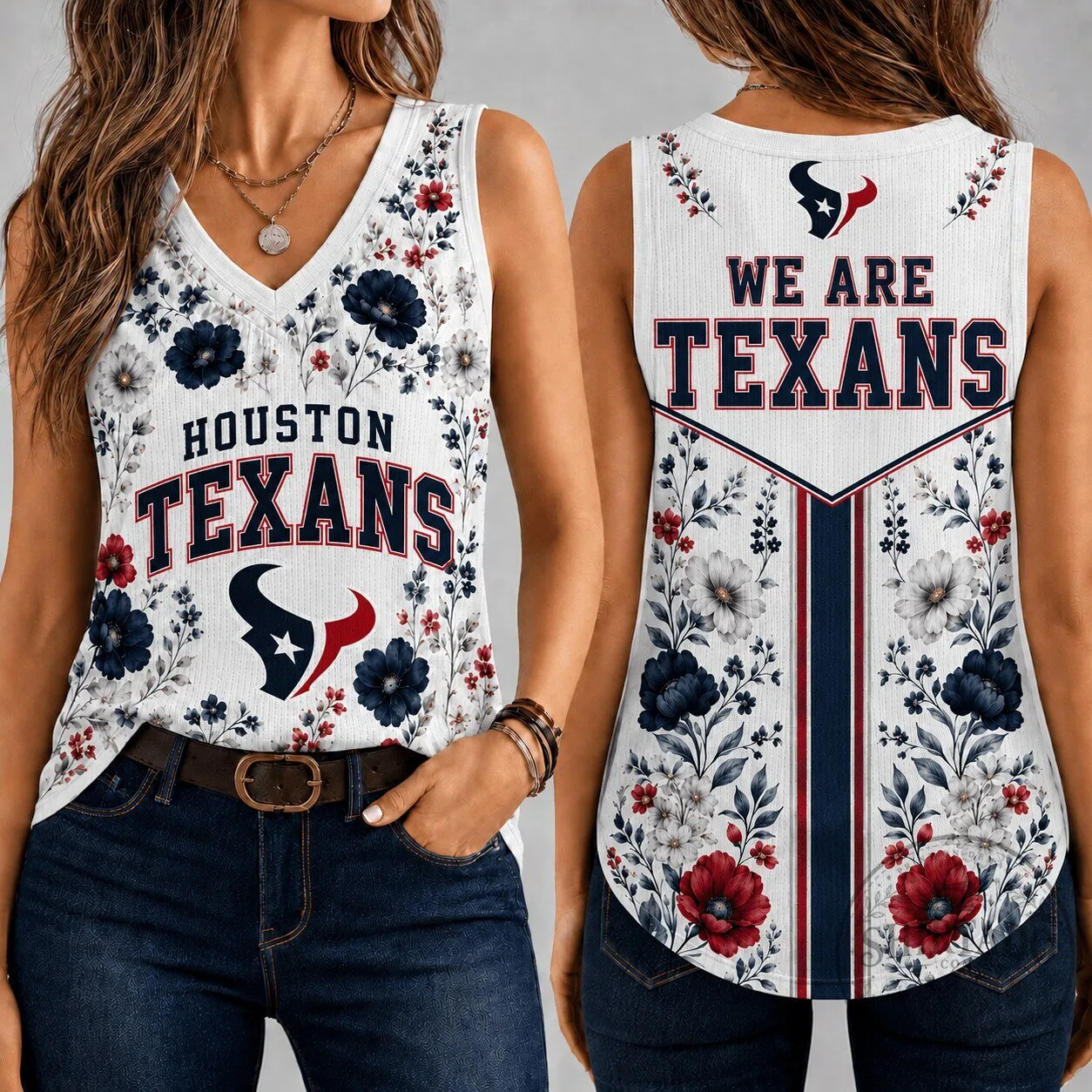 Houston Texans Floral Vintage Game Day Women's V-Neck Tank Top