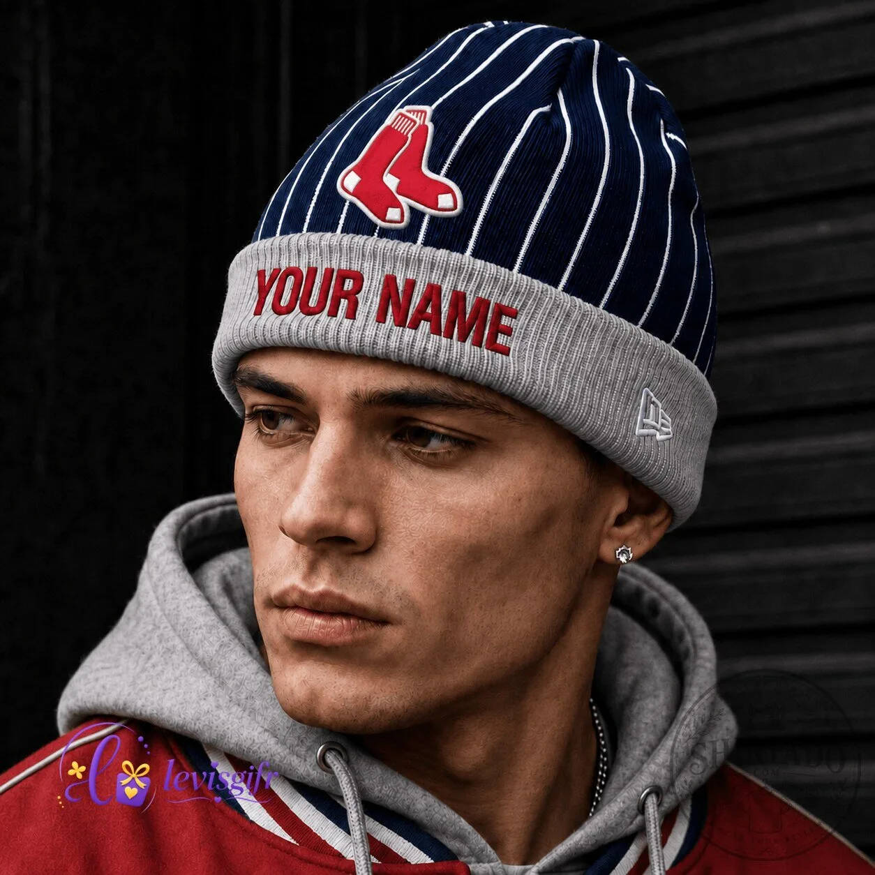 Boston Red Sox Baseball Personalized Striped Beanie Hat