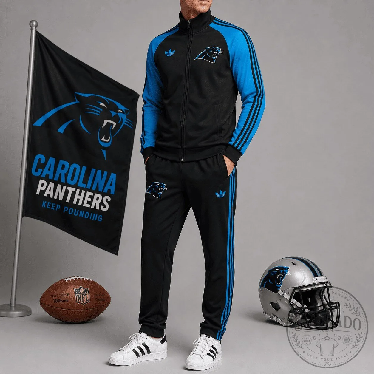 Carolina Panthers NFL Football Team Black and Blue Tracksuit Jacket and Pants Set 1 Carolina Panthers NFL Football Team Black and Blue Tracksuit Jacket and Pants Set