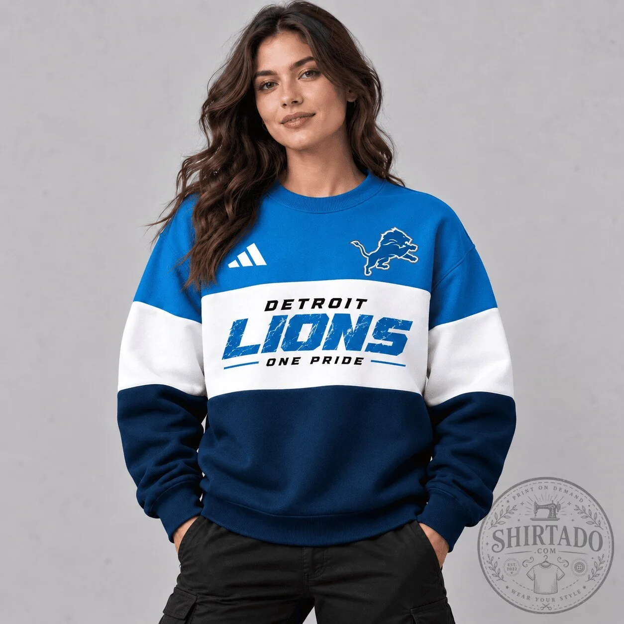 Detroit Lions NFL Football Team One Pride Blue and White Color Block Sweatshirt
