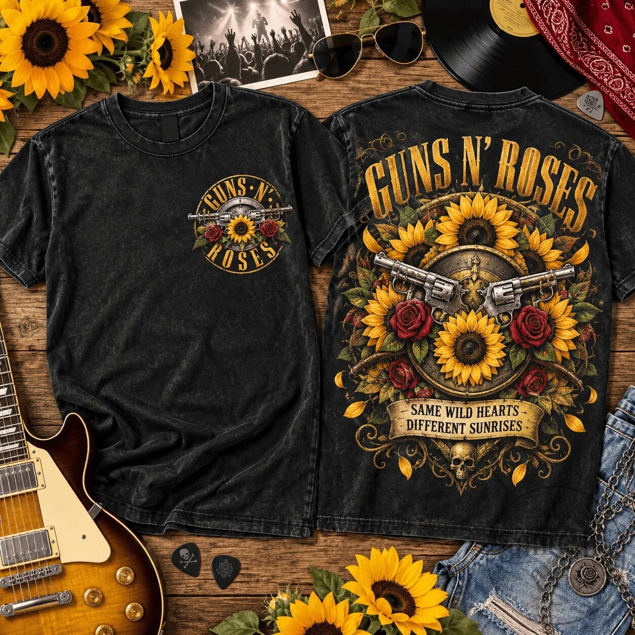 Guns N' Roses Sunflower Skull Rock Band Graphic T-Shirt