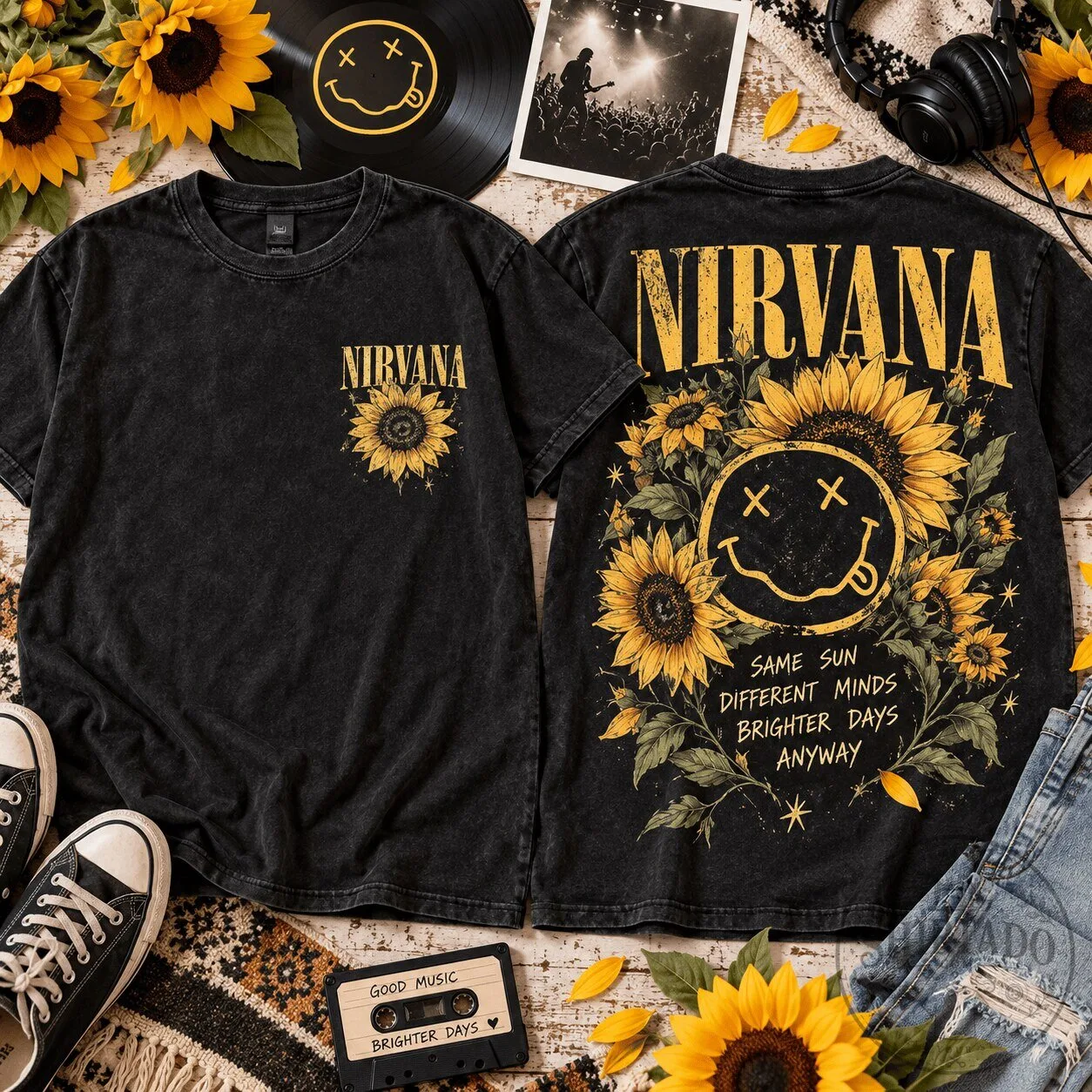 Nirvana Sunflower Smiley Face Grunge Rock Band Black T-Shirt