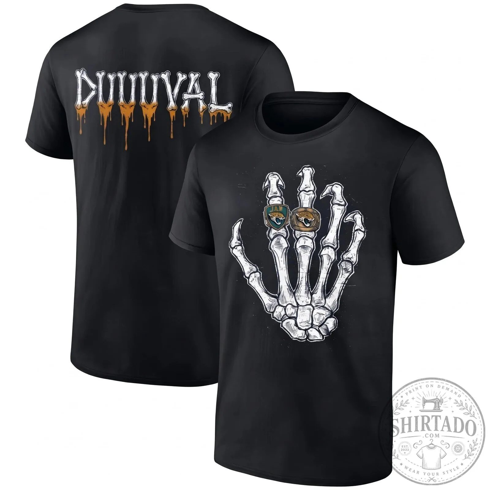 Halloween Skeleton Hand Football Tee featuring Jacksonville Jaguars Duuuval Design