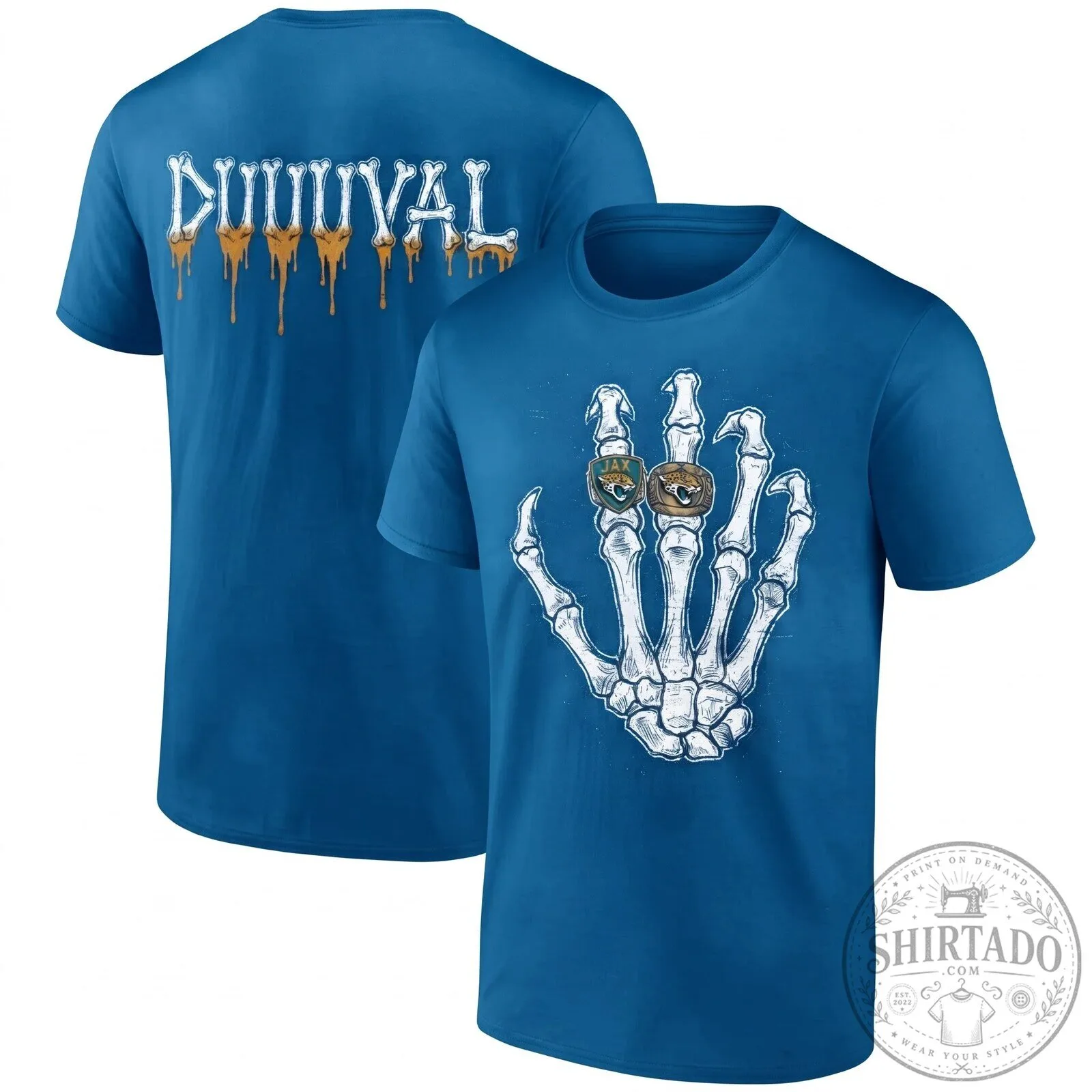 Halloween Skeleton Hand Football Tee featuring Jacksonville Jaguars Duuuval Design 11 Halloween Skeleton Hand Football Tee featuring Jacksonville Jaguars Duuuval Design