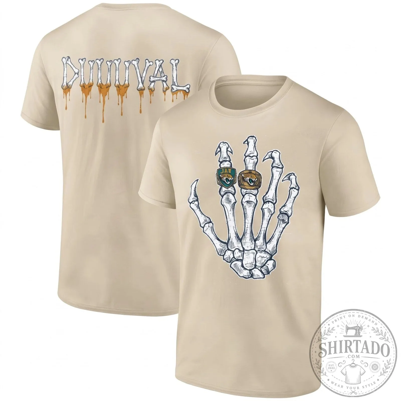 Halloween Skeleton Hand Football Tee featuring Jacksonville Jaguars Duuuval Design 12 Halloween Skeleton Hand Football Tee featuring Jacksonville Jaguars Duuuval Design