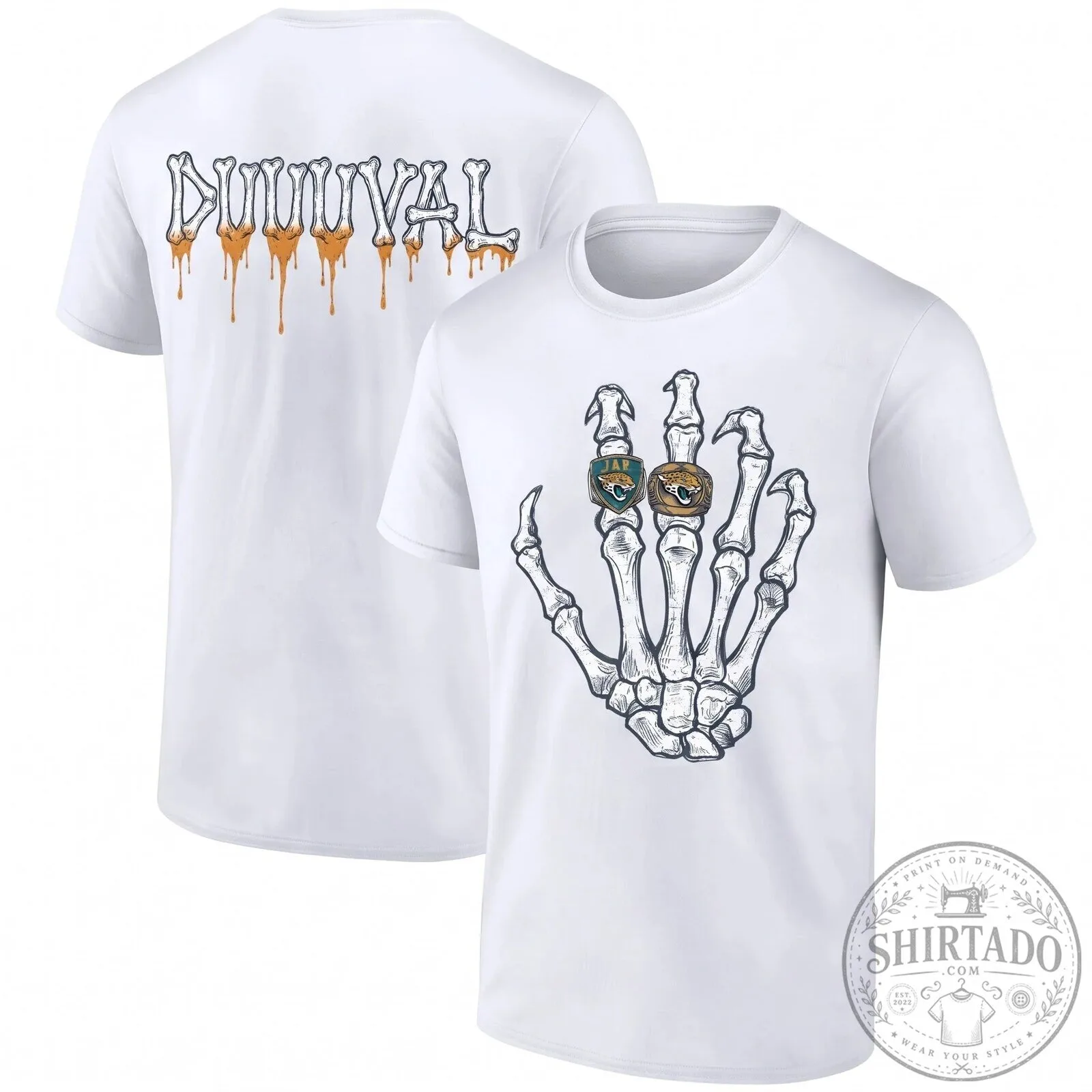 Halloween Skeleton Hand Football Tee featuring Jacksonville Jaguars Duuuval Design 13 Halloween Skeleton Hand Football Tee featuring Jacksonville Jaguars Duuuval Design