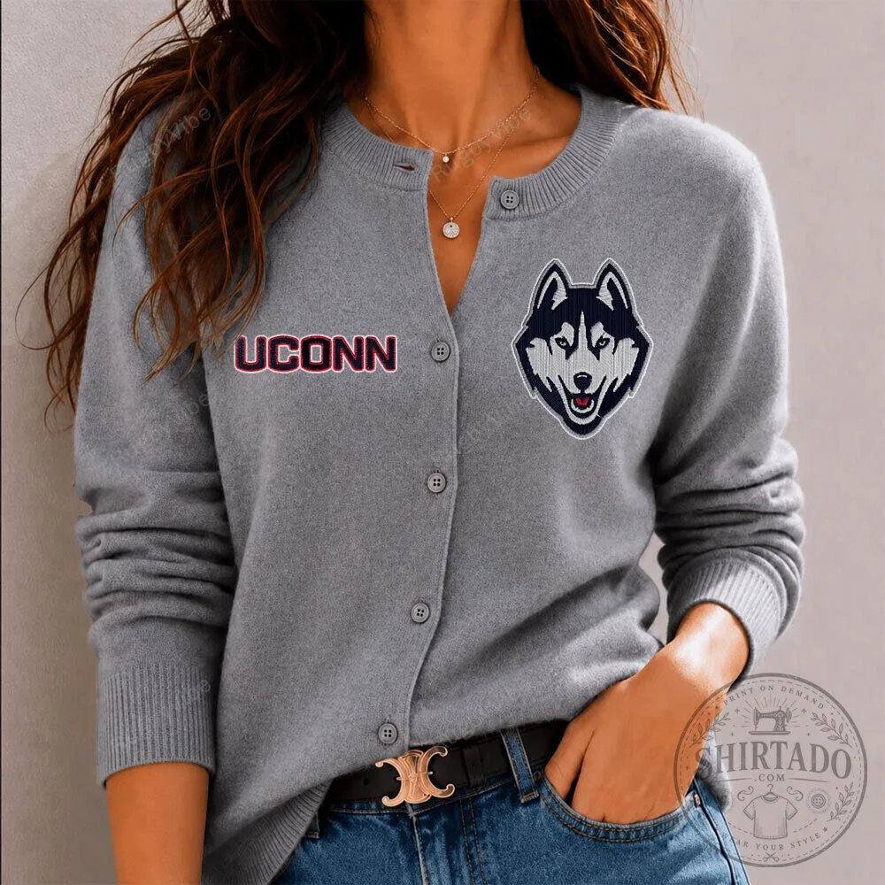 University of Connecticut Huskies Embroidered Gray Cardigan Sweater for Women