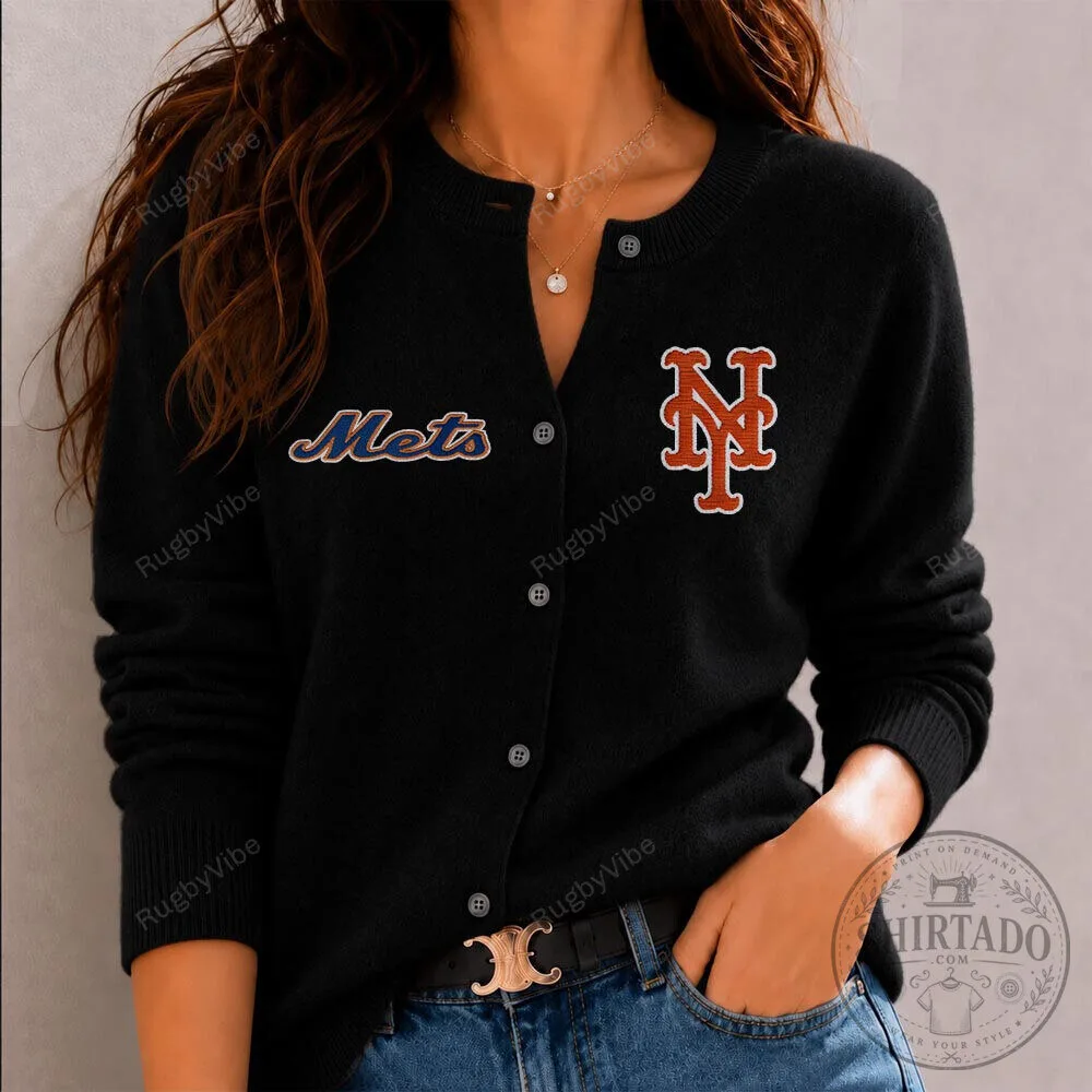 New York Mets Logo Embroidered Black Cardigan Sweater