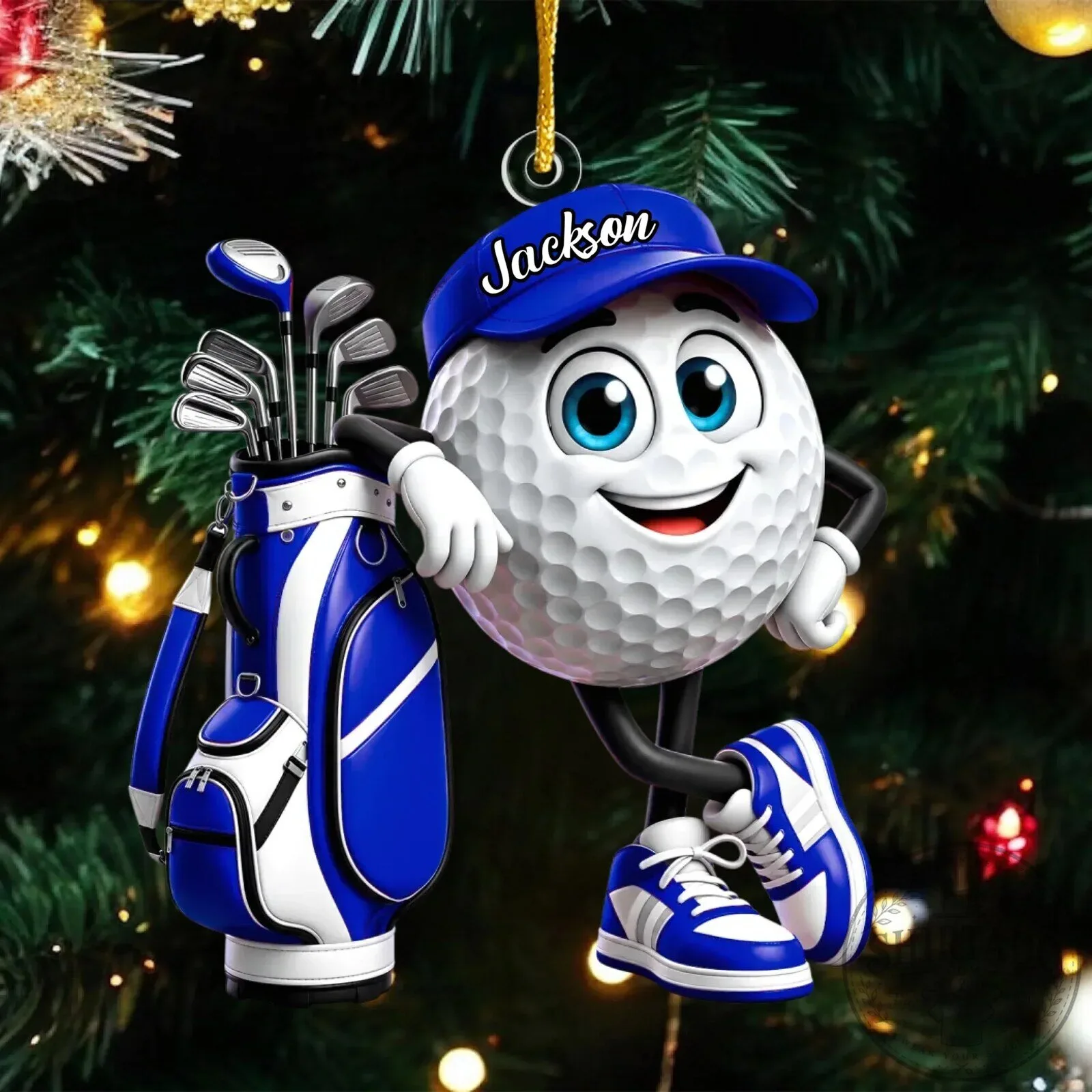 Personalized Golf Ball Character with Golf Bag Christmas Tree Ornament