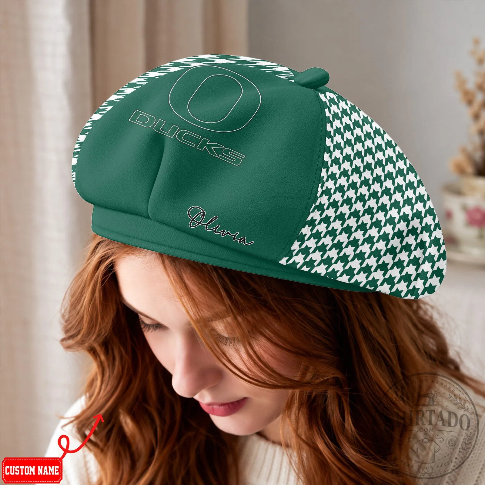 Oregon Ducks NCAA Women's Personalized Houndstooth Beret Hat