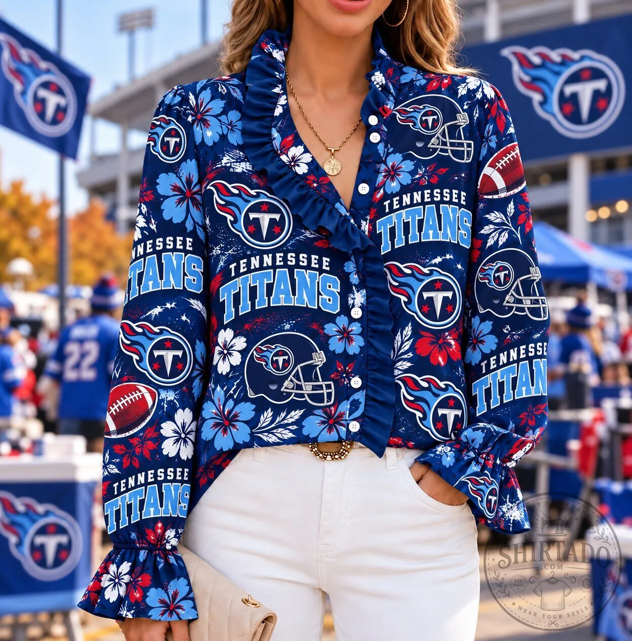 Tennessee Titans Football Team Tropical Floral Print Ruffle Blouse