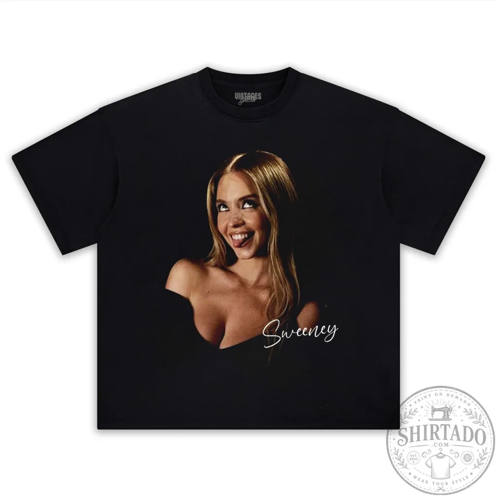 Sydney Sweeney Black T-Shirt with Playful Portrait Design Sydney Sweeney Black T-Shirt with Playful Portrait Design