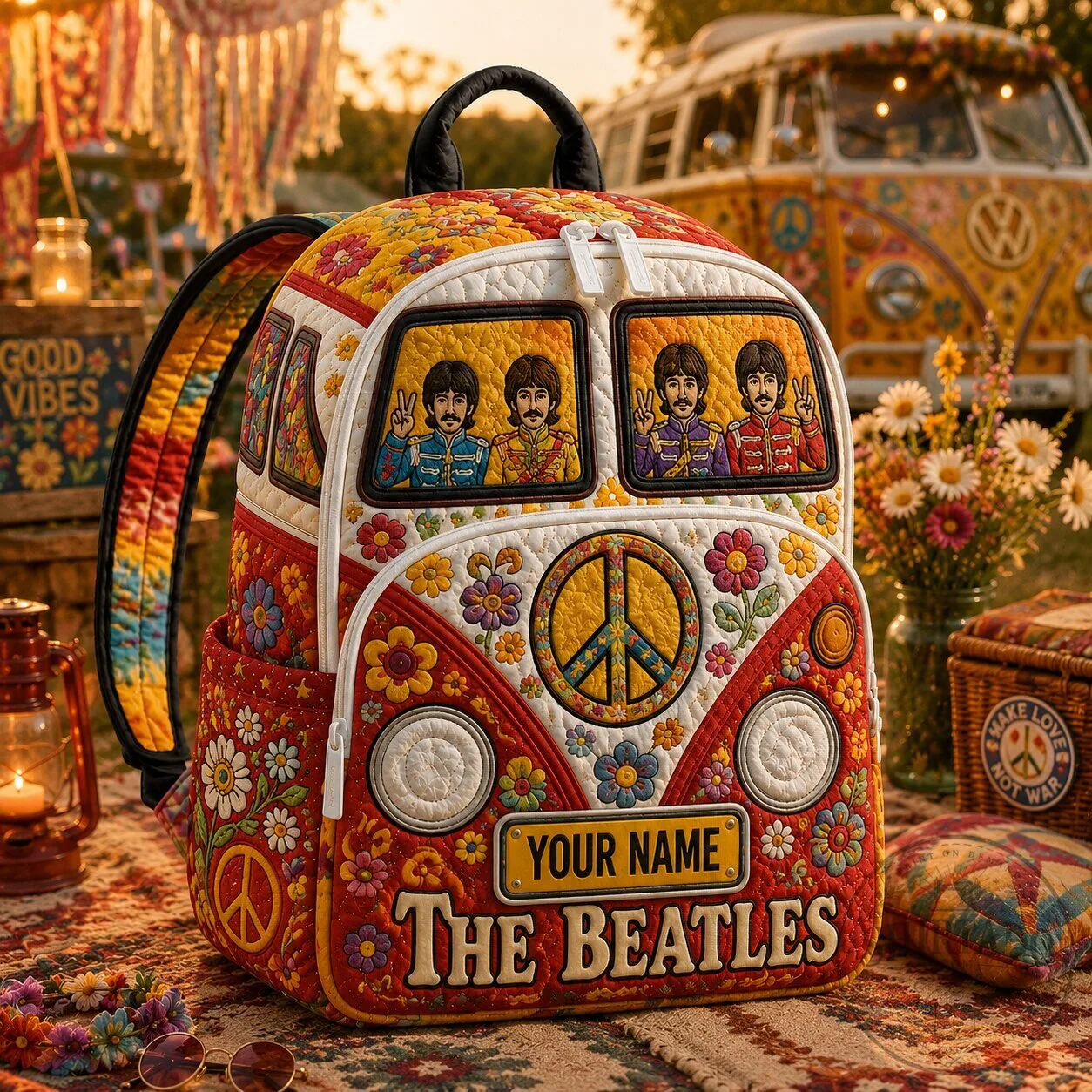 The Beatles Yellow Submarine Hippie Van Backpack with Custom Name Option