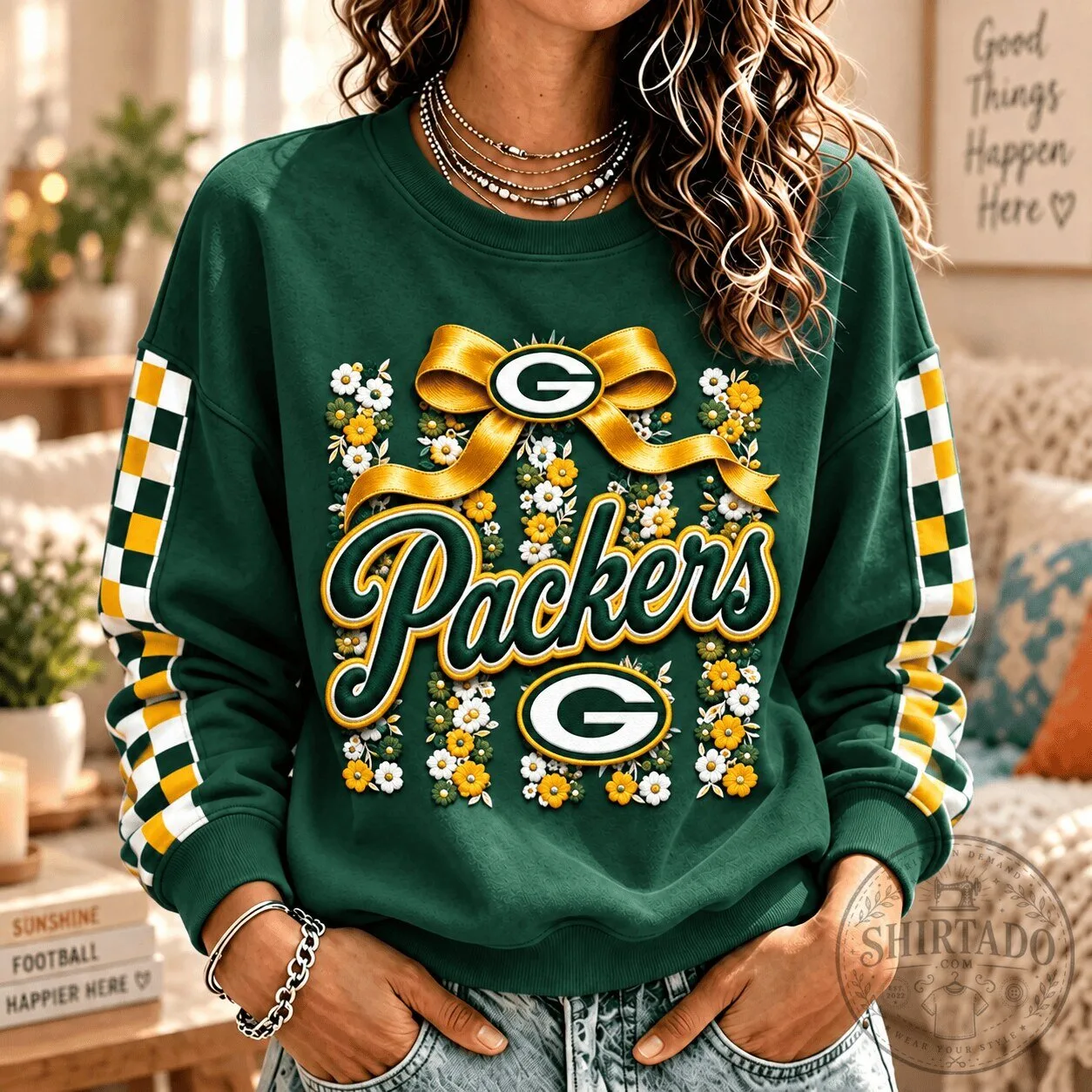 Green Bay Packers Floral Checkered Sleeve Football Fan Sweatshirt