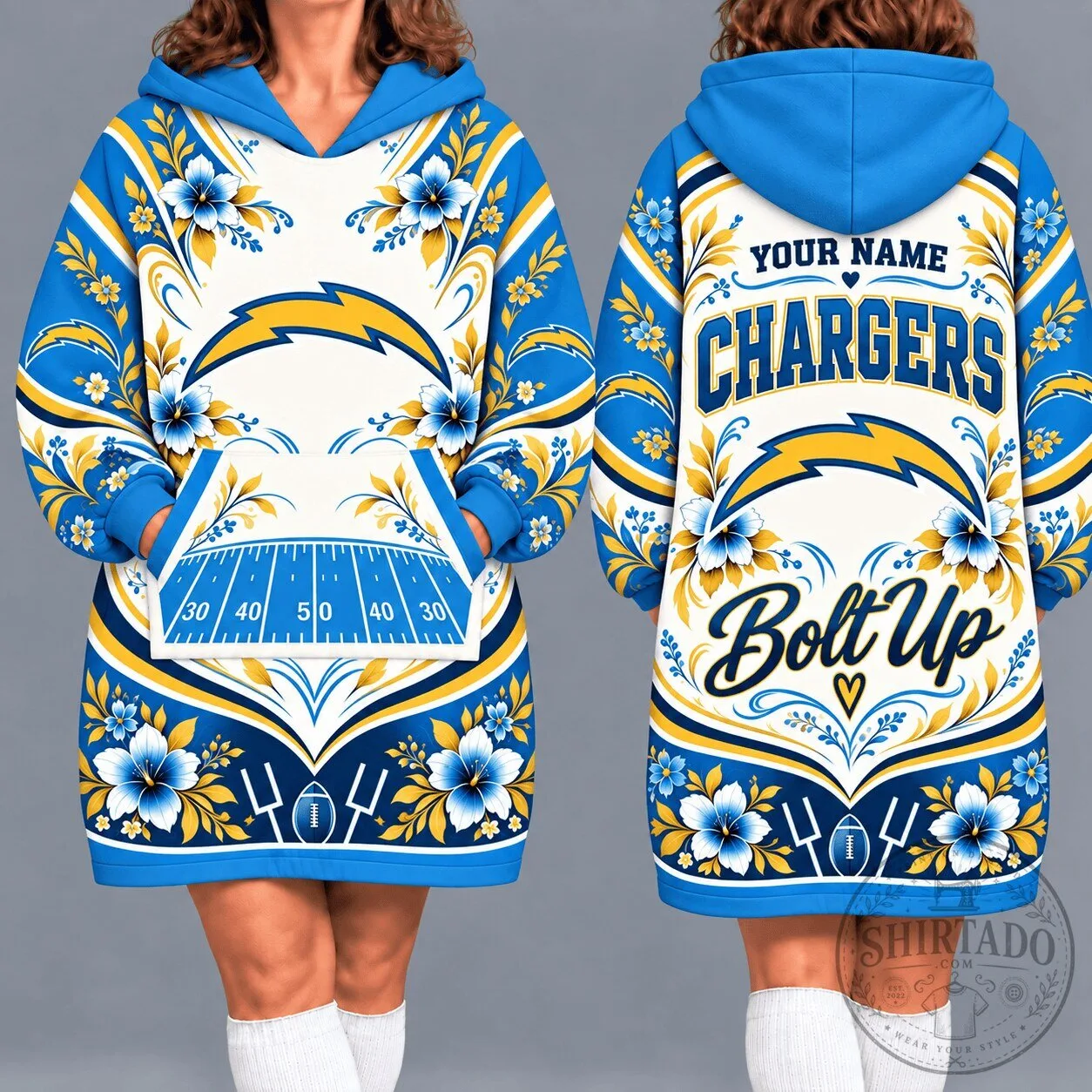 Los Angeles Chargers Personalized Floral Design Oversized Wearable Blanket Hoodie
