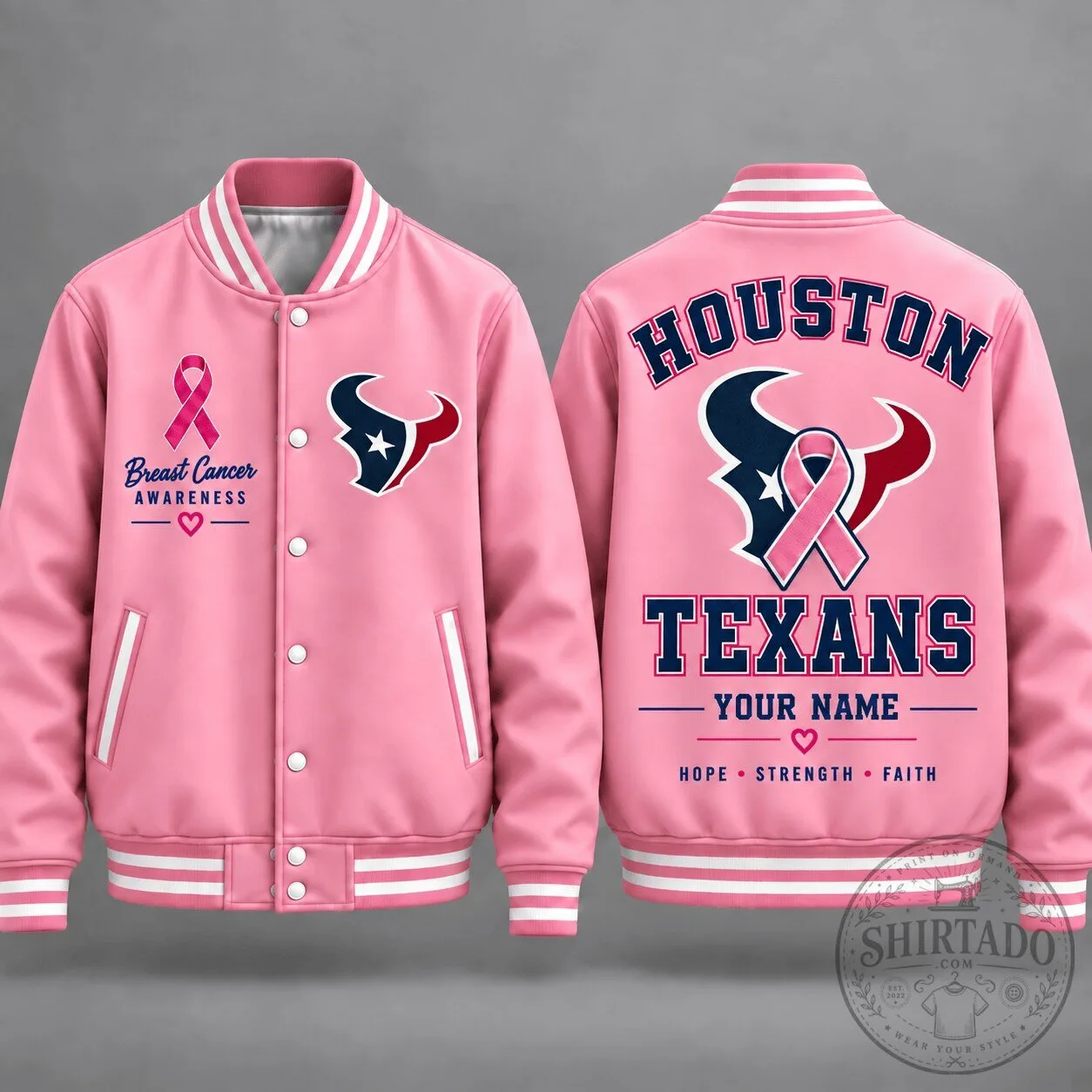 Houston Texans Breast Cancer Awareness Personalized Pink Varsity Jacket