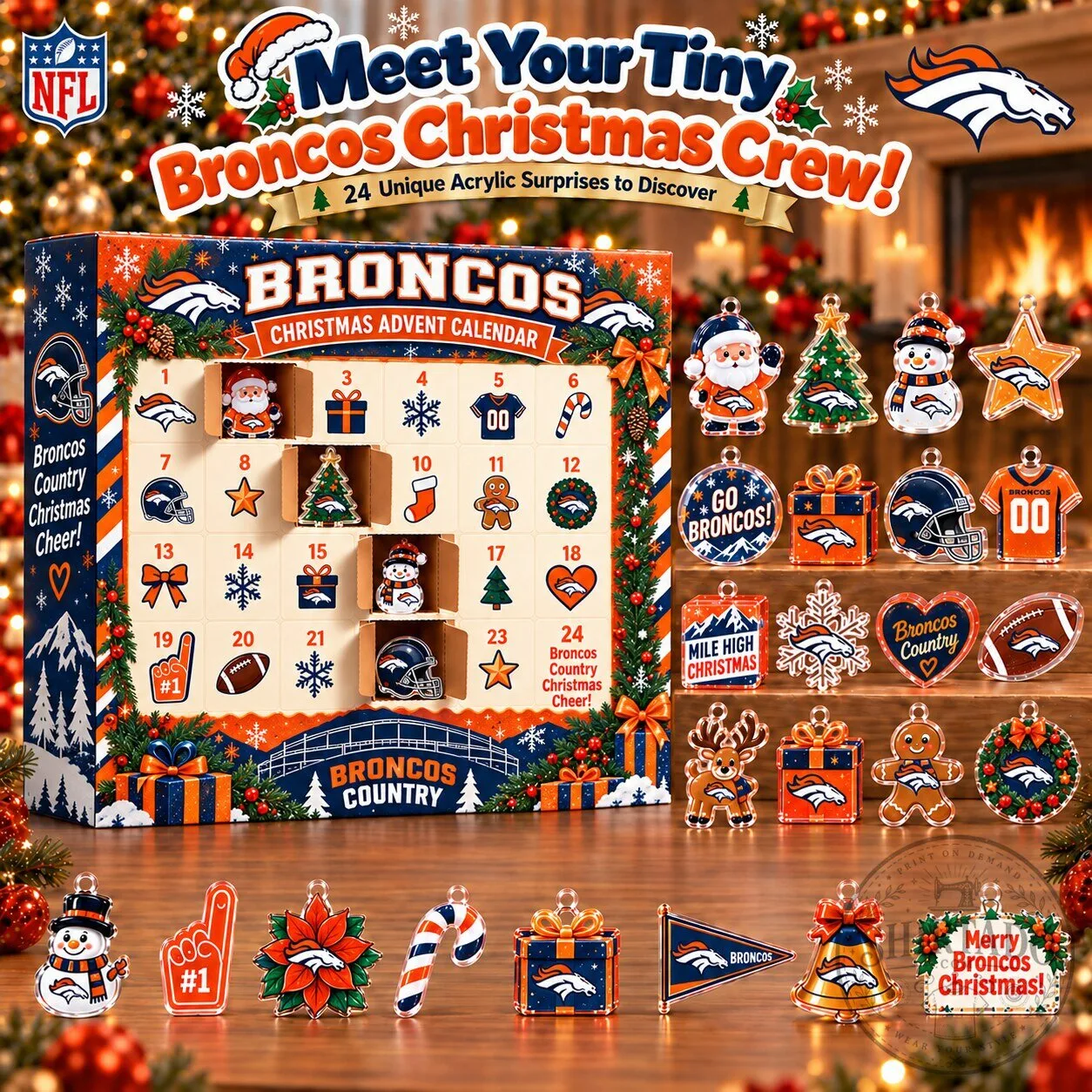Denver Broncos Christmas Advent Calendar with 24 Acrylic Ornaments