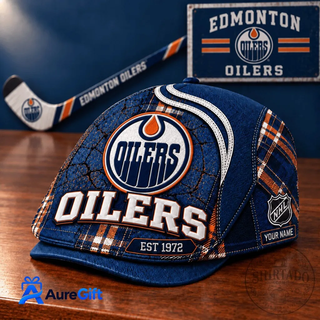 Edmonton Oilers National Hockey League Plaid Flat Cap Hat Edmonton Oilers National Hockey League Plaid Flat Cap Hat
