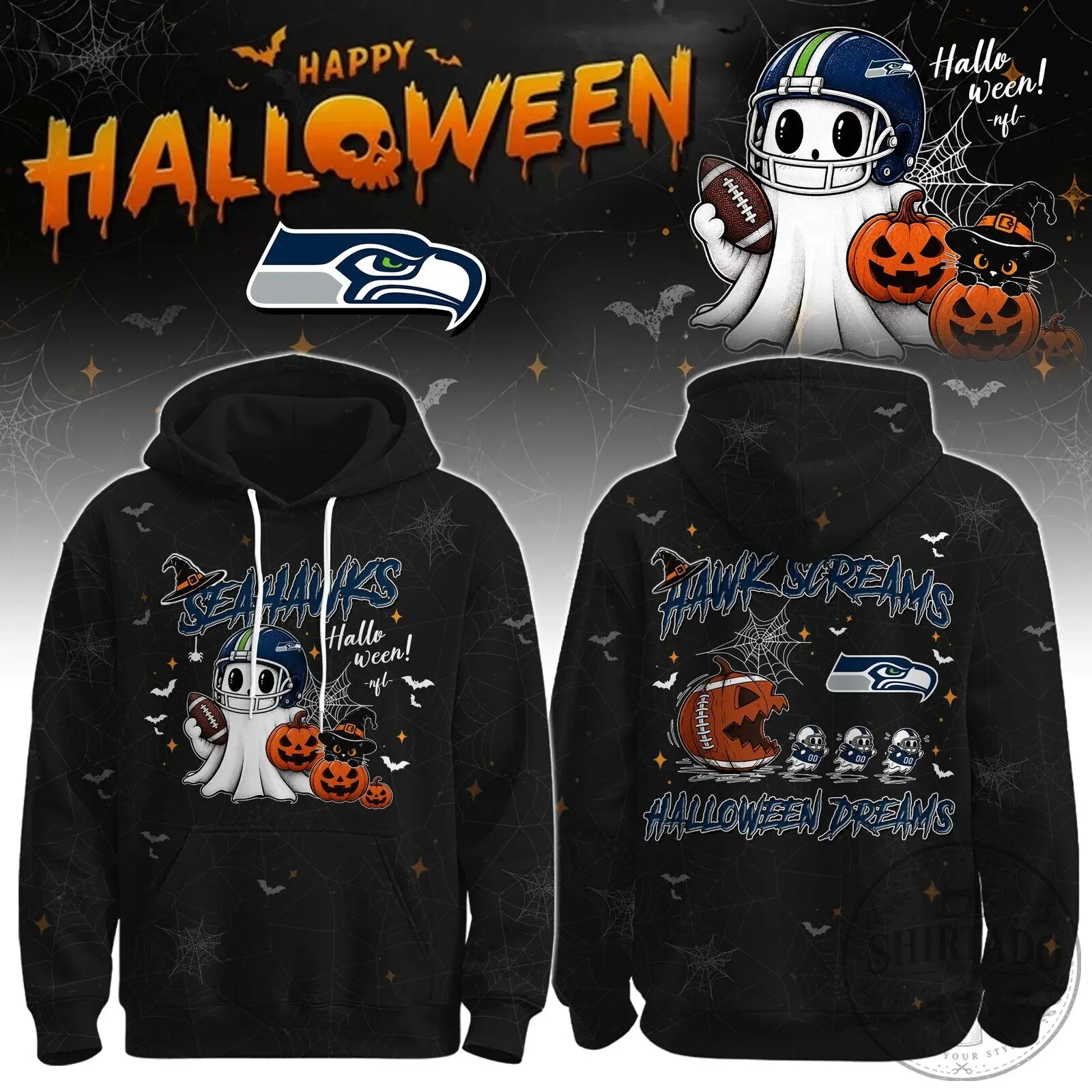 Black Hoodie Featuring Seattle Seahawks Halloween Ghost Football Player Design 8 Black Hoodie Featuring Seattle Seahawks Halloween Ghost Football Player Design