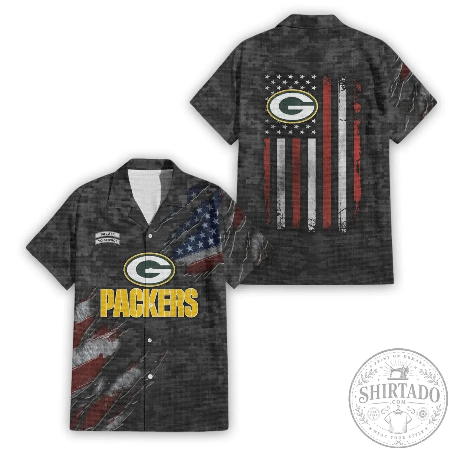 Green Bay Packers Salute To Service American Flag Camouflage Hawaiian Shirt