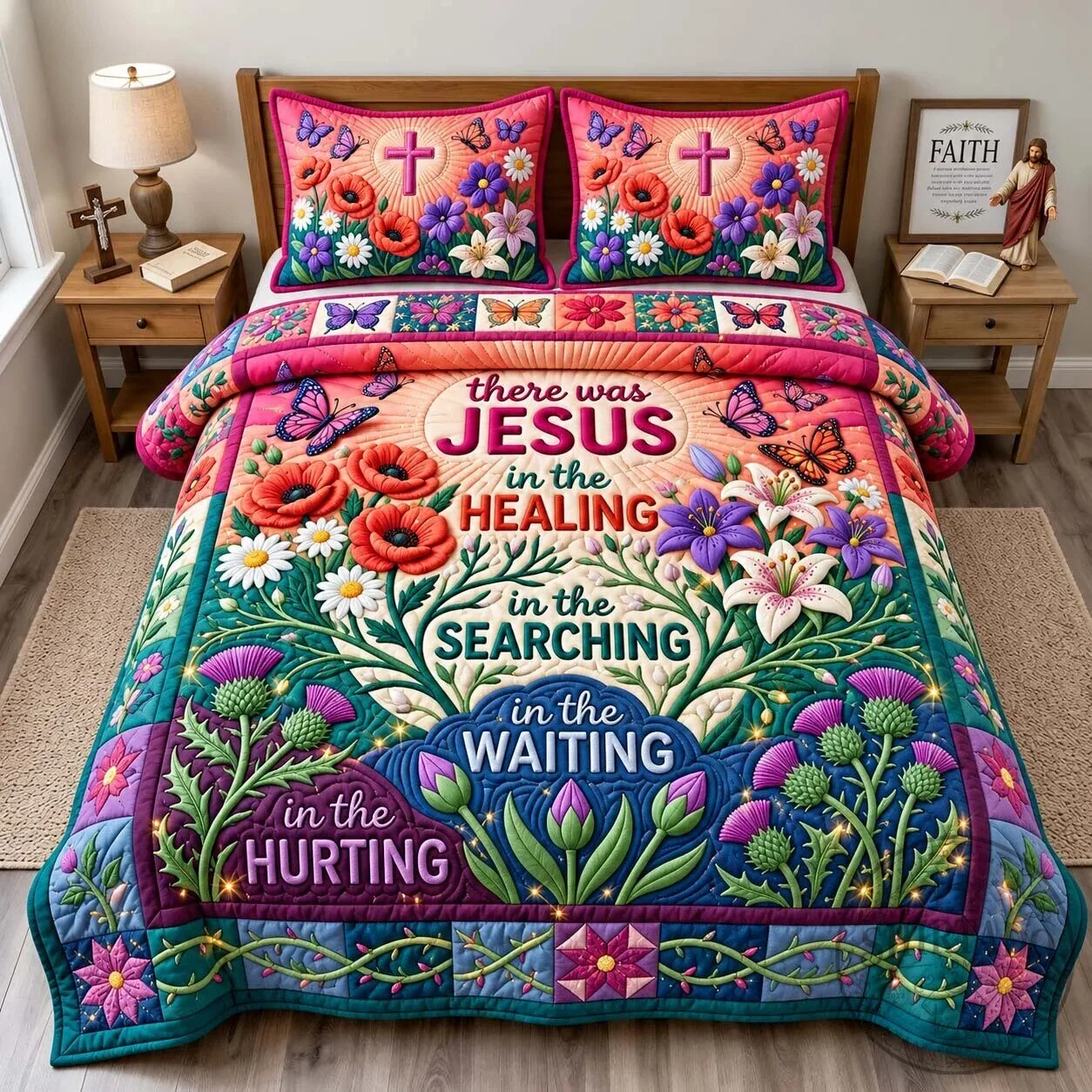 Jesus In Every Season Christian Floral Butterflies Quilted Bedding Set