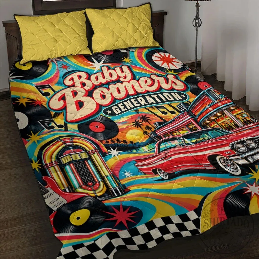 Baby Boomers Generation Vintage Retro Classic Car and Vinyl Records Quilt