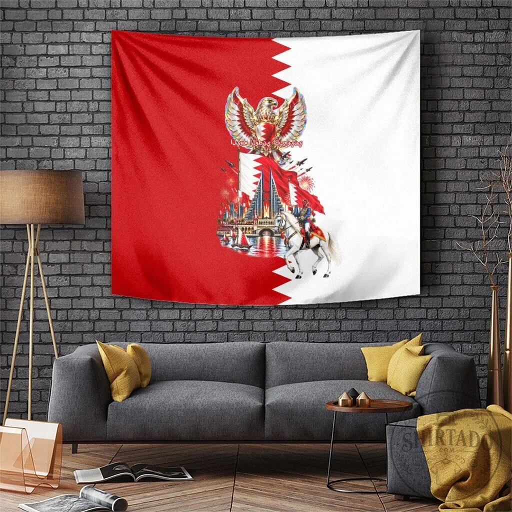 Bahrain National Day Flag Tapestry with Horse Knight and Emblem