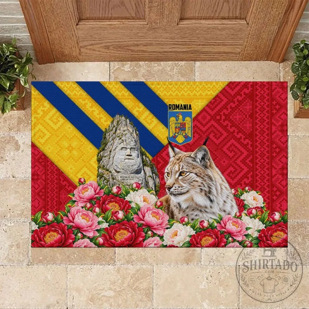 Romania Lynx and Decebalus Rex Traditional Folk Pattern Doormat with Peony Floral Motifs
